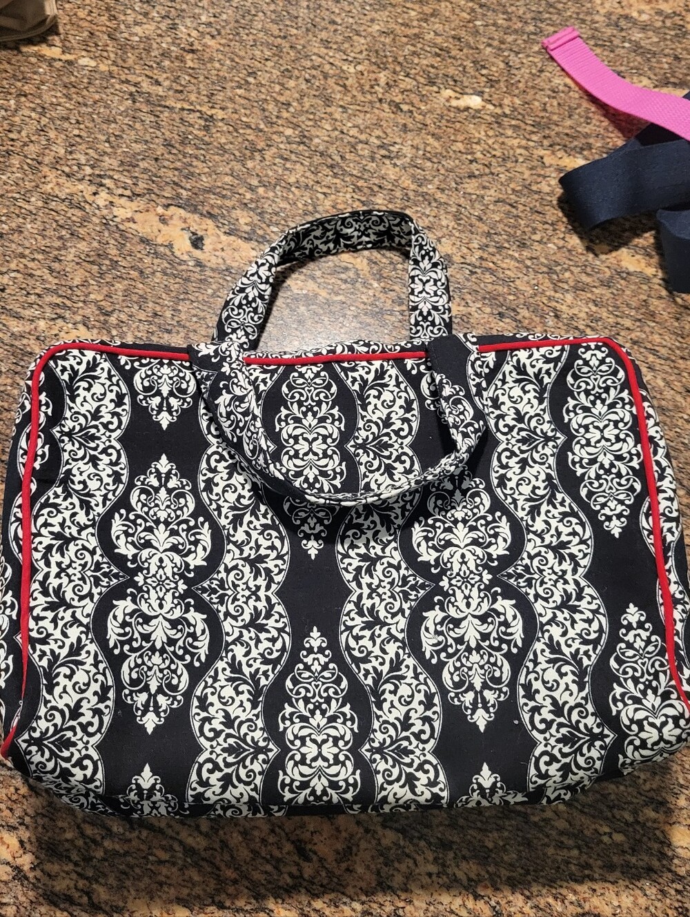 Black and White Damask Tote Bag with Red Trim